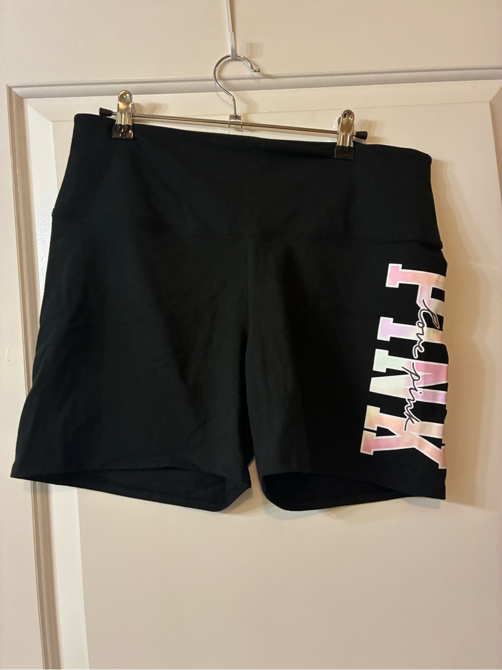 PINK Victoria's Secret Black Bike Shorts with Pink Gradient Logo